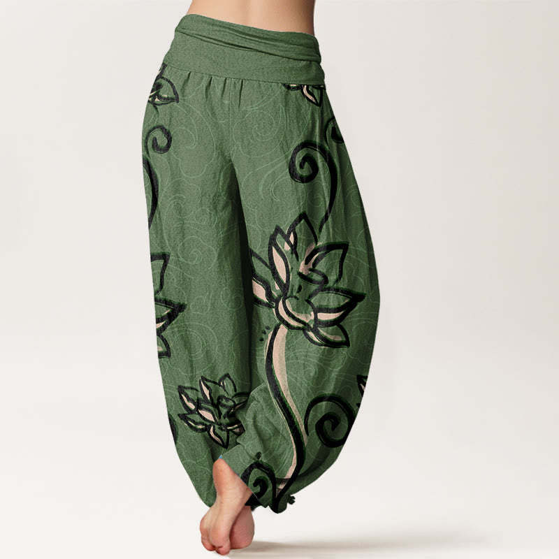 Casual Lotus Auspicious Clouds Design Women's Elastic Waist Harem Pants