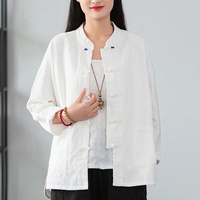 Solid Color Frog-button Long Sleeve Linen Women's Shirts With Pockets