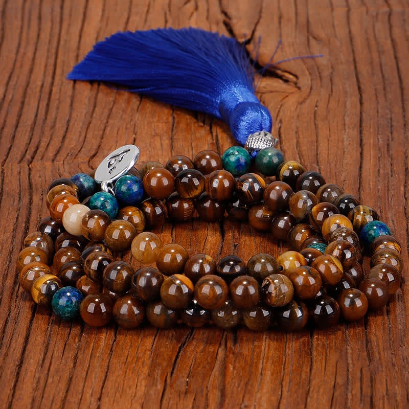 108 Mala Beads Tiger Eye mystic zen Strength Bracelet Tassel Necklace Pendant