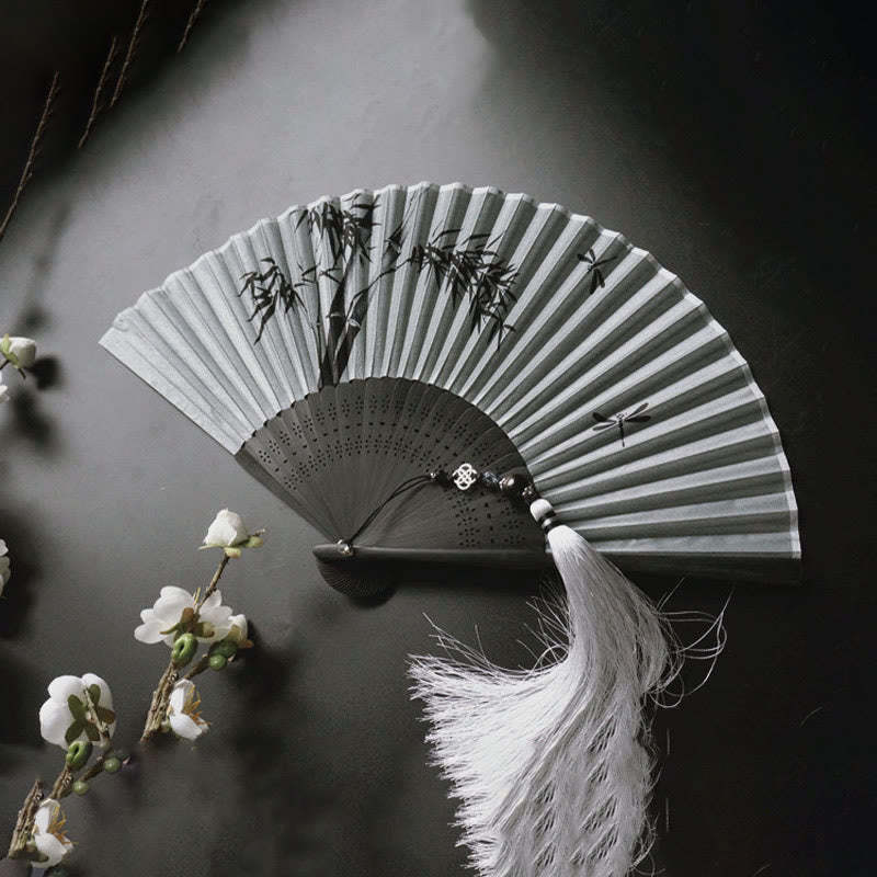 Ink Bamboo Polyester Handheld Bamboo Folding Fan