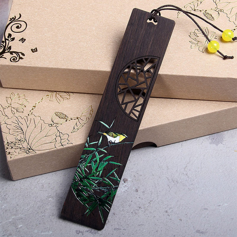 Green Lotus Bamboo Oriole Ebony Wood Bookmarks With Gift Box