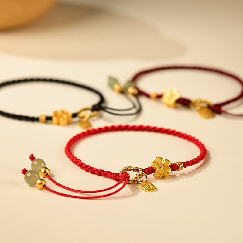 Hetian Jade Small Peach Blossom Fu Character Charm Luck String Bracelet