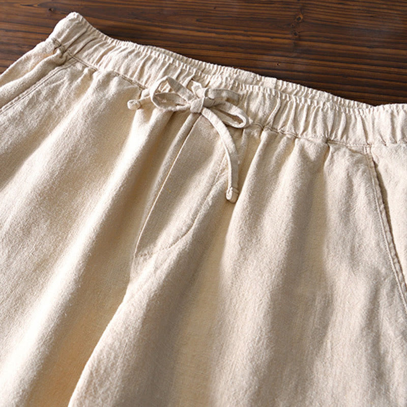 Casual Solid Color Simple Design Drawstring Ramie Linen Men's Pants With Pockets