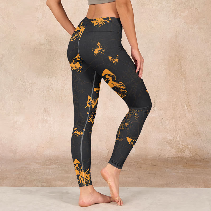 Dark Grey Butterflies Peony Flowers Print Gym Leggings Women's Yoga Pants