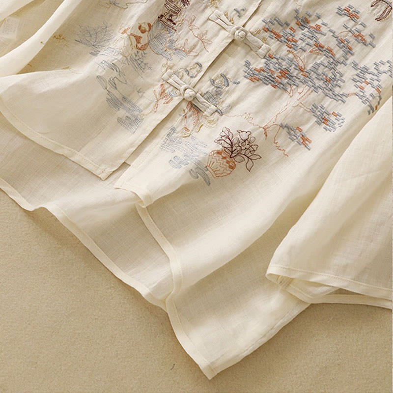 Casual Women's Frog-Button Embroidered Plant Crew Neck Design Three Quarter Sleeve Cotton Shirt