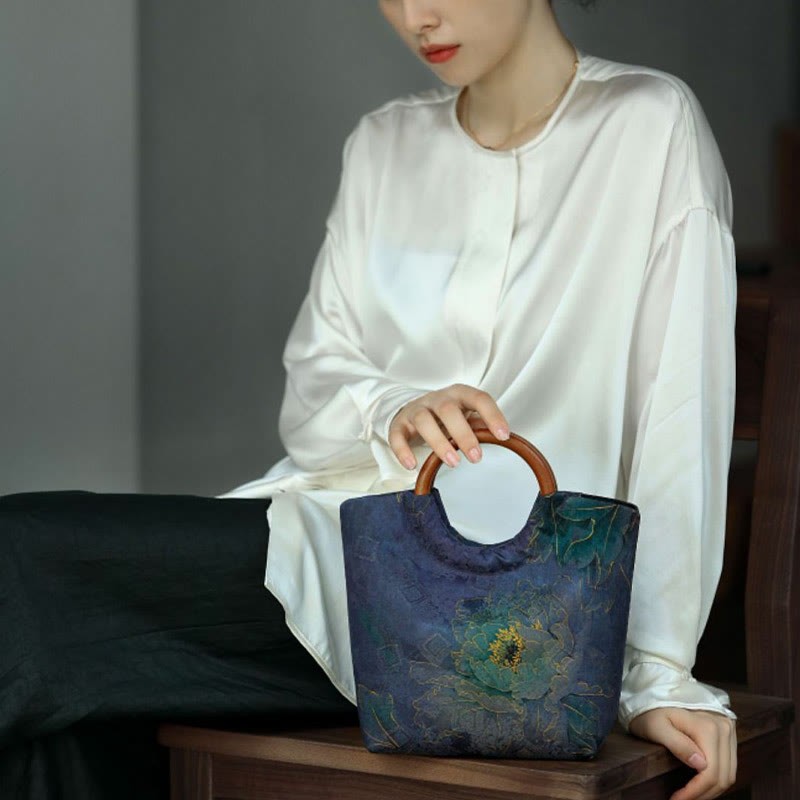 Peony Flower Bamboo Leaves Bird Solid Wood Handle Handbag