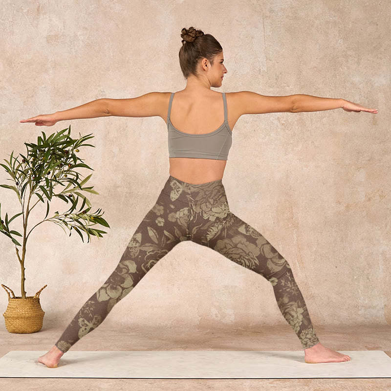 Peony Flowers Leaves Blossom Print Gym Fitness Leggings Women's Yoga Pants