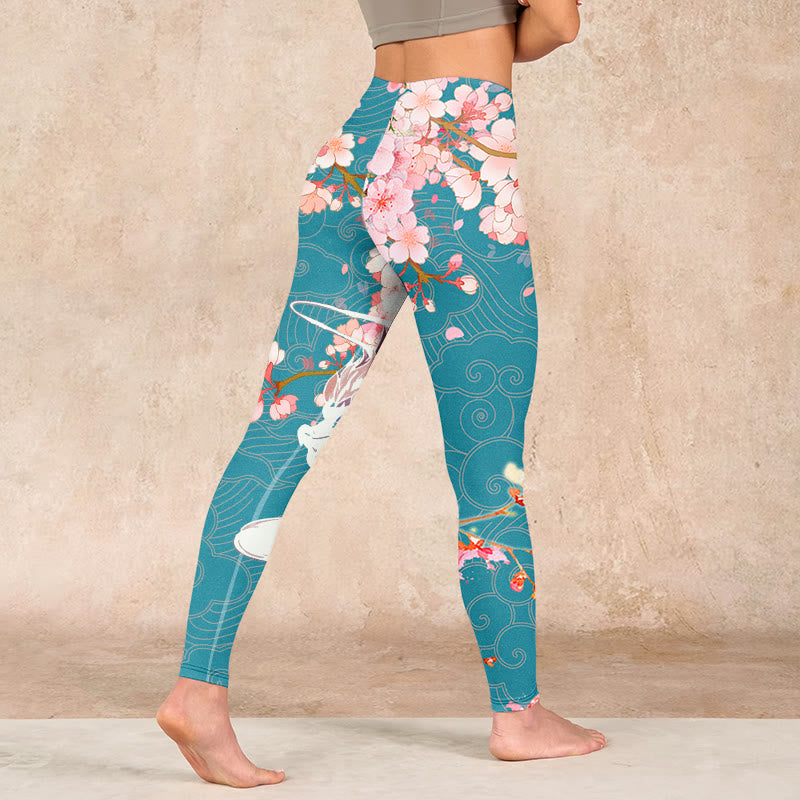 Dragon Cherry Blossoms Print Gym Leggings Women's Yoga Pants