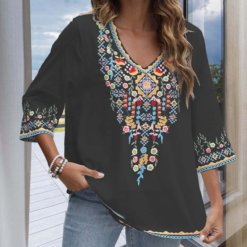 Spring Daily Embroidery Flower Pattern Long Sleeve V-neck Cotton Women's T-Shirt