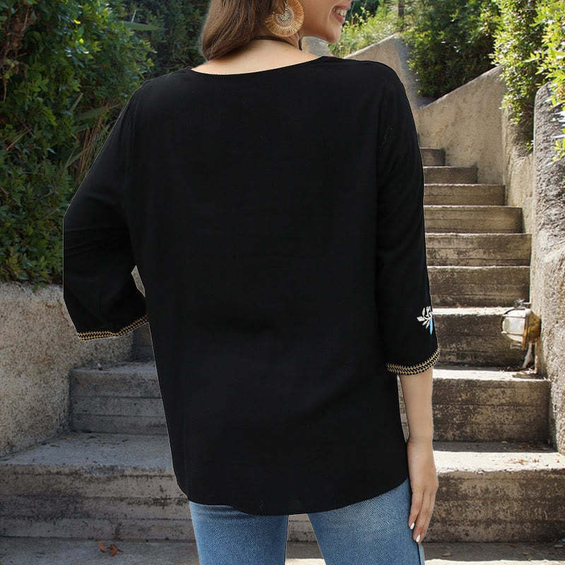 Black Casual Embroidery Rose Pattern Three Quarter Sleeve Crew Neck Cotton Women's T-Shirt