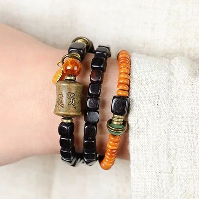 Green Sandalwood Ebony Om Mani Padme Hum Engraved Peace Triple Wrap Bracelet