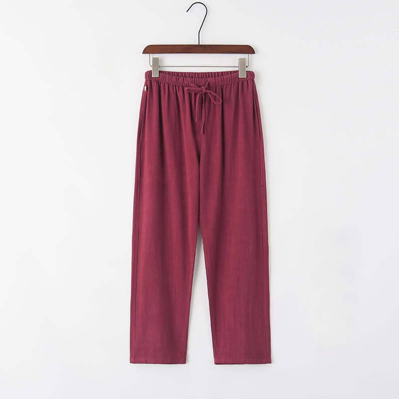 Spring Summer Solid Men's Drawstring Linen Pants With Pockets