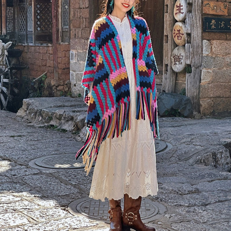 Tibetan Shawl Candy Color Braided Pattern Winter Cozy Travel Knitted Tassel Scarf Wrap