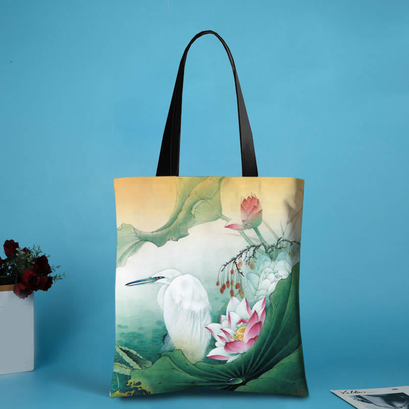 Handmade Canvas Ink Lotus Koi Fish Shoulder Bag Shopping Bag