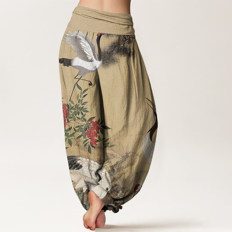 Casual Red-crowned Crane Pine Tree Mountain Women's Elastic Waist Harem Pants