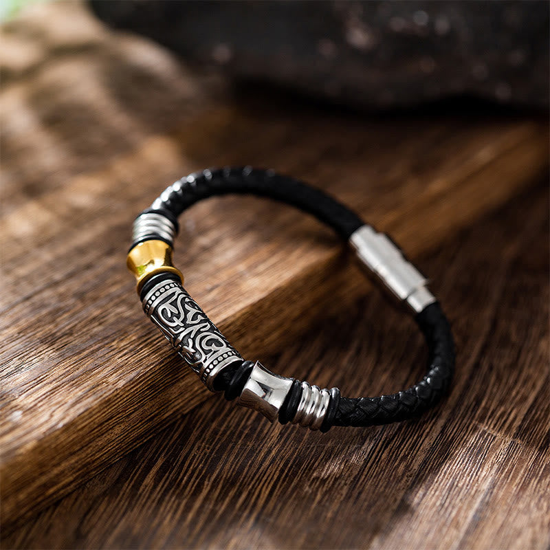 Tang Dynasty Flower Design Luck Stainless Steel Buckle Leather Bracelet
