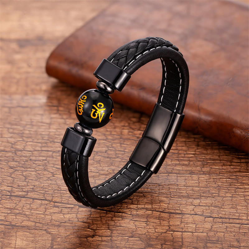 Lazurite Black Onyx Tiger Eye Lava Rock Om Mani Padme Hum Serenity Leather Bracelet