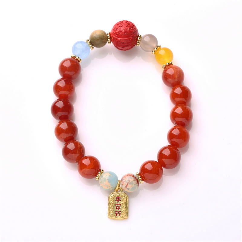Natural Red Agate Peace Talisman Fu Character Dragon Tail Confidence Charm Bracelet
