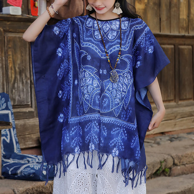 Blue Tie Dye Koi Fish Shawl Tassels Soft Travel Pullover 90*95cm