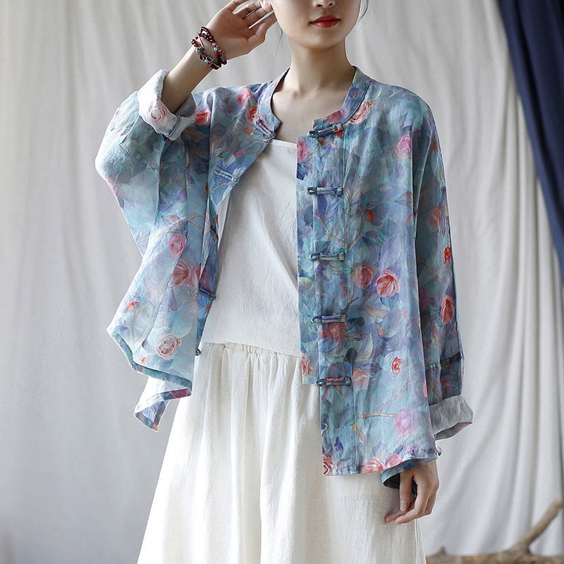 Pink Flowers Green Leaves Print Frog-button Design Long Sleeve Ramie Linen Jacket Shirt