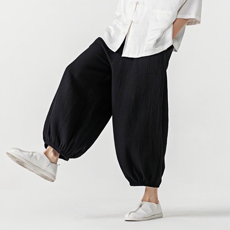 Soft Solid Color Drawstring Cotton Men's Pants With Pockets