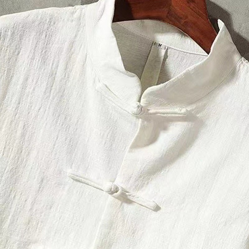 Men's Tang Long Sleeve Shirt Frog Button With Pocket Stand Collar Comfort Linen Shirt