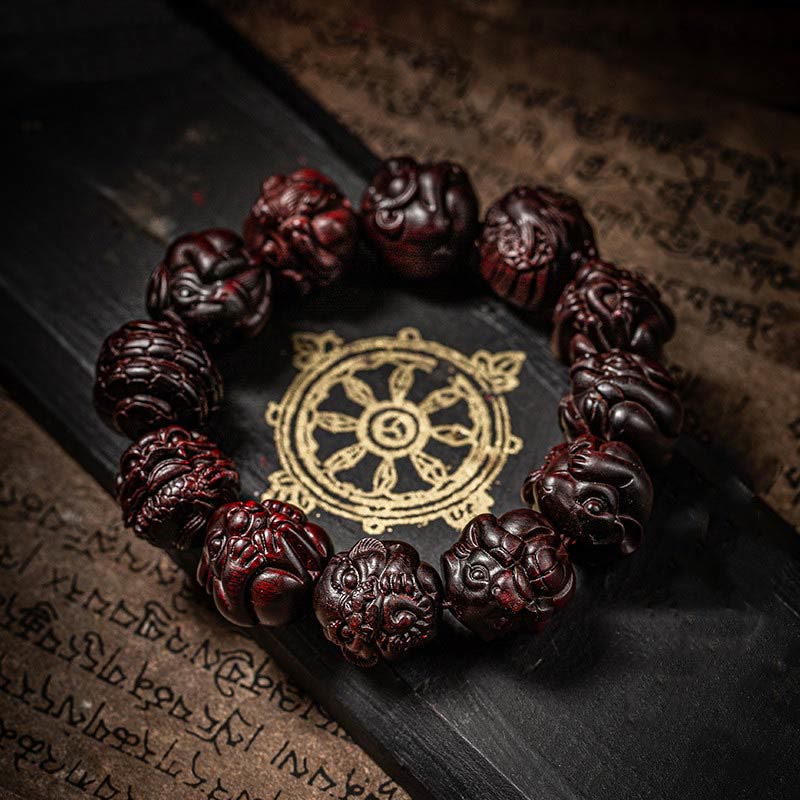 Chinese Zodiac Engraved Small Leaf Red Sandalwood Protection Bracelet