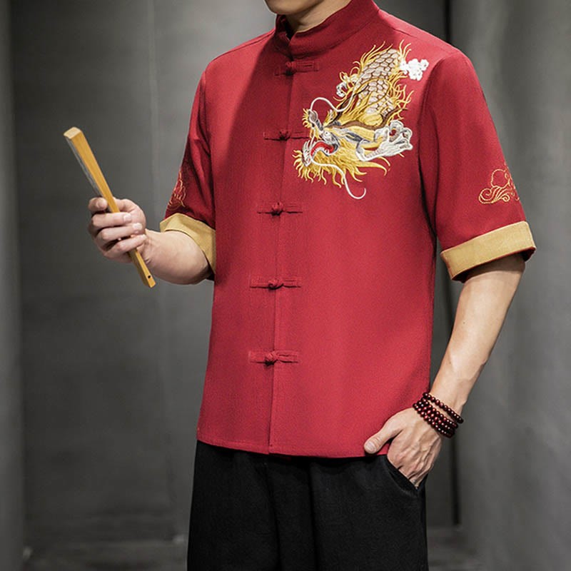 Frog-Button Chinese Dragon Auspicious Cloud Embroidery Half Sleeve Shirt Cotton Linen Men Clothing