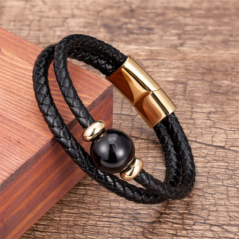 Black Onyx Sardonyx Agate Beads Support Leather Bracelet