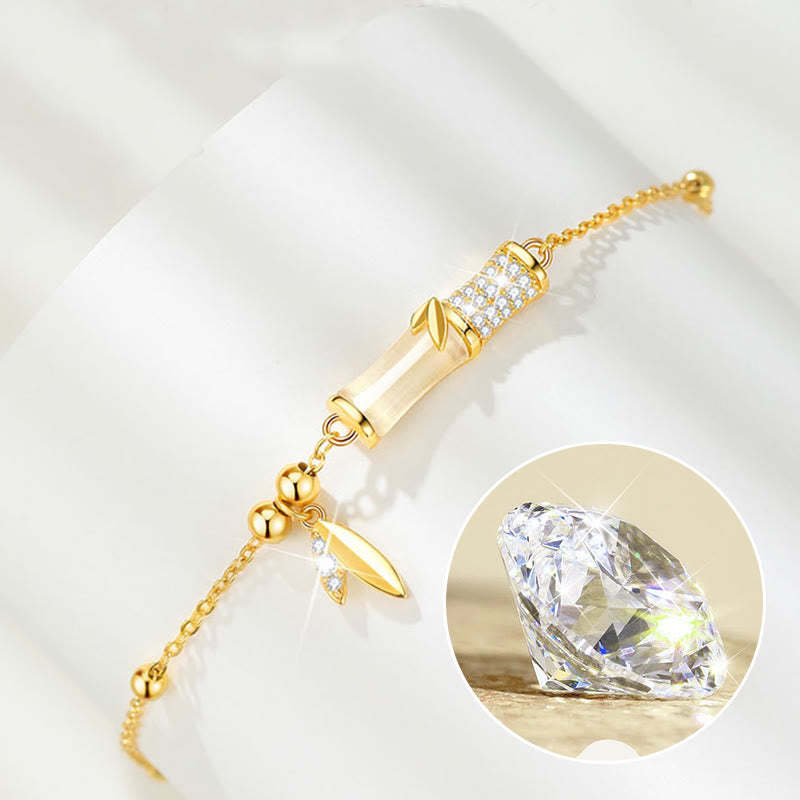 925 Sterling Silver 18K Gold Plated White Jade Bamboo Zircon Leaf Luck Bracelet
