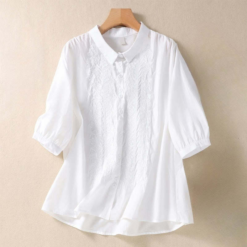 Summer Plain Button Embroidery Flower Pattern Three Quarter Sleeve Lapel Cotton Linen Women's Shirt
