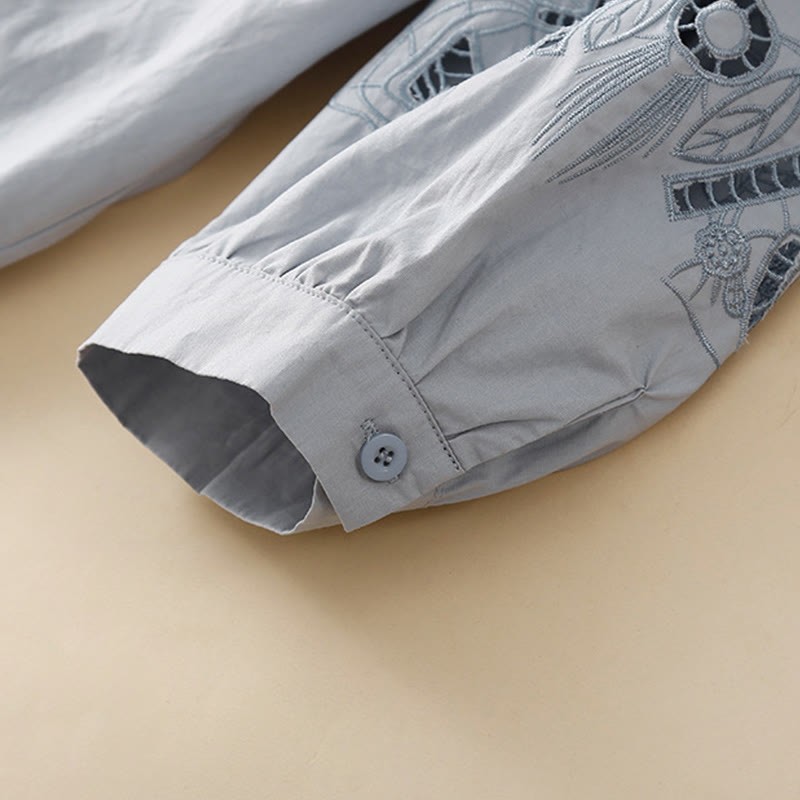 Casual Embroidery Flower Hole Design Three Quarter Sleeve Cotton Linen Women's Shirt