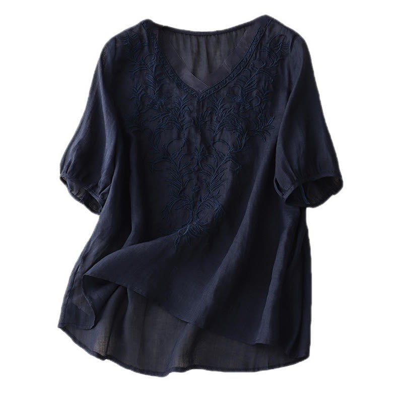 Vintage Casual Pure Leaf Embroidery V-Neck Half Sleeve Cotton Linen Women's T-Shirt