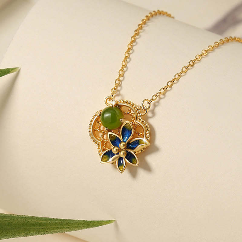 925 Sterling Silver Four Leaf Clover Flower Hetian Cyan Jade Pearl Healing Necklace Pendant Bracelet Earrings Set