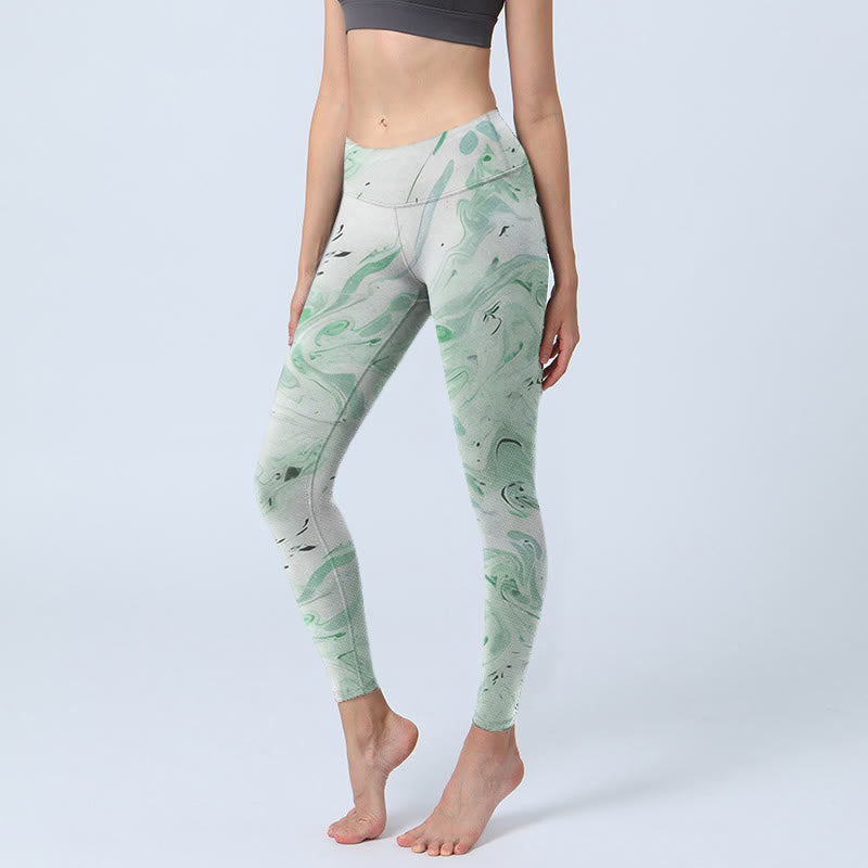 Honeydew Green White Flow Line Print Exercise Leggings Women's Yoga Pants