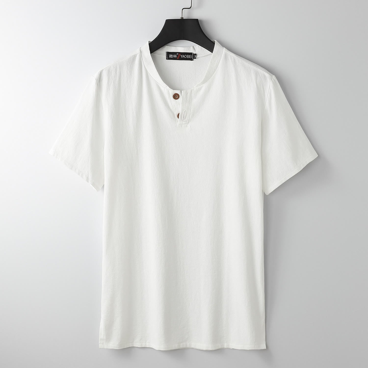 Loose Men's T-shirt Solid Color Top Short Sleeve Button Notched Neck Soft Cotton Linen Shirt
