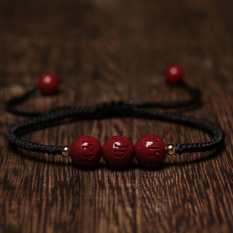 Handmade Cinnabar Om Mani Padme Hum Engraved Beads Blessing Braided Bracelet