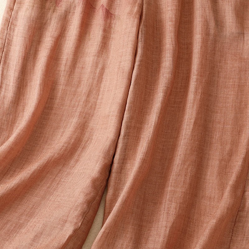 Floral Print High Waist Cotton Linen Drawstring Wide Leg Pants With Pockets