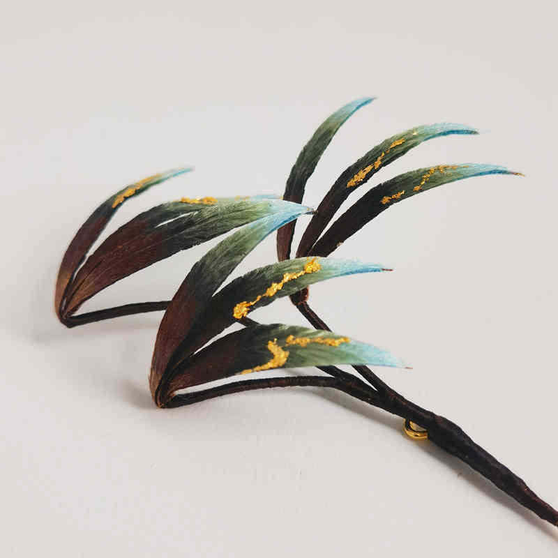 Handmade Velvet Flower Mulberry Silk Green Bamboo Leaves Brooch