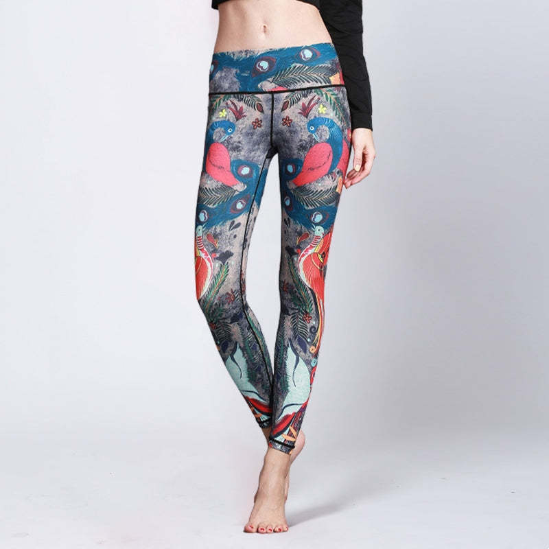 Red Blue Peacock Feather Print Pants Sports Fitness Yoga Leggings Women's Yoga Pants