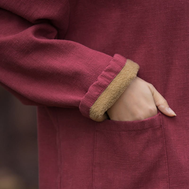 Retro Solid Color Thermal Long Sleeve Ramie Linen Women's Shirt