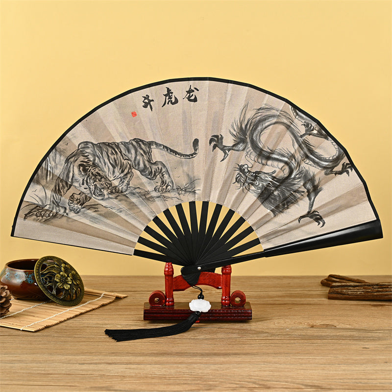Dragon Phoenix Tiger Crane Eagle Wolf Koi Fish Handheld Folding Fan Lotus Tassel Fan