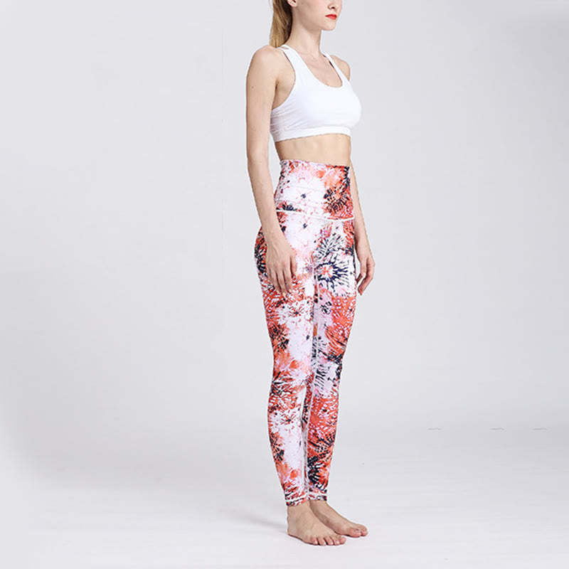 Red Pink Flowers Print Sports Fitness Yoga High Waist Leggings Women's Yoga Pants
