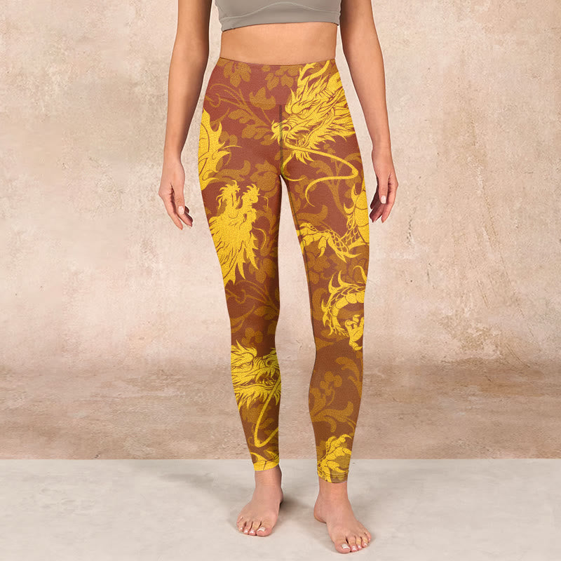 Golden Dragon Flowers Print Gym Leggings Women's Yoga Pants