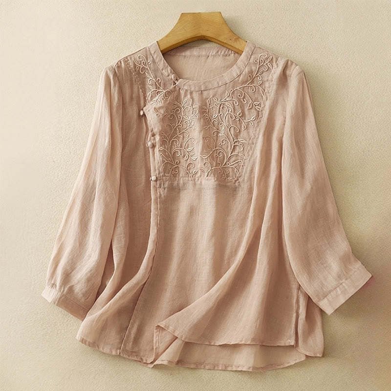 Plain Frog-Button Embroidery Vine Long Sleeve Slanted Collar Cotton Linen Women's Shirt