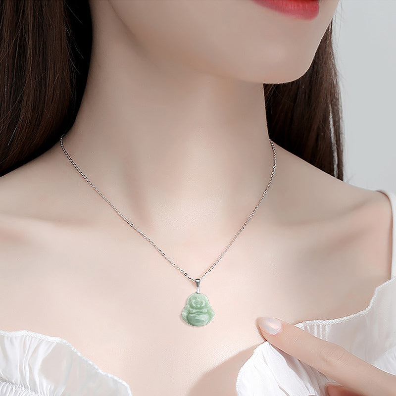 925 Sterling Silver Laughing mystic zen Jade Blessing Necklace Chain Pendant