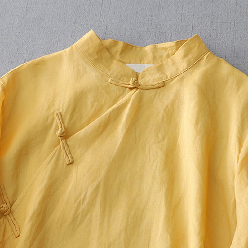 Solid Color Frog-Button Three Quarter Sleeve Double Layer Cotton Linen Shirt