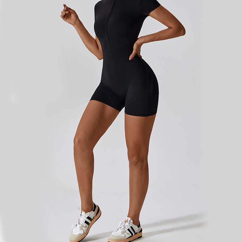 High Stretch Zipper Short Sleeve Jumpsuit Sports Fitness Yoga Women Bodysuit