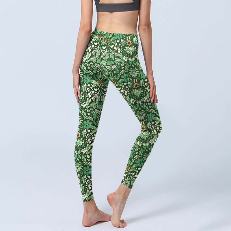 Green Stitching Symmetrical Flower Leaf Pattern Print Gym Leggings Women's Yoga Pants