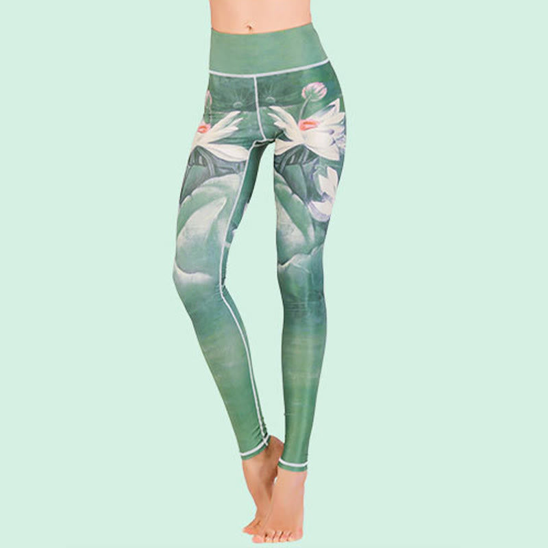 Lotus Cherry Blossom Gradient Peacock Print Lycra Fabric Fitness Leggings Women's Yoga Pants